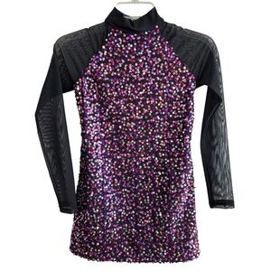 Balera Dance Skating Dress Costume size LC Black Colorful Confetti Sequin Mesh